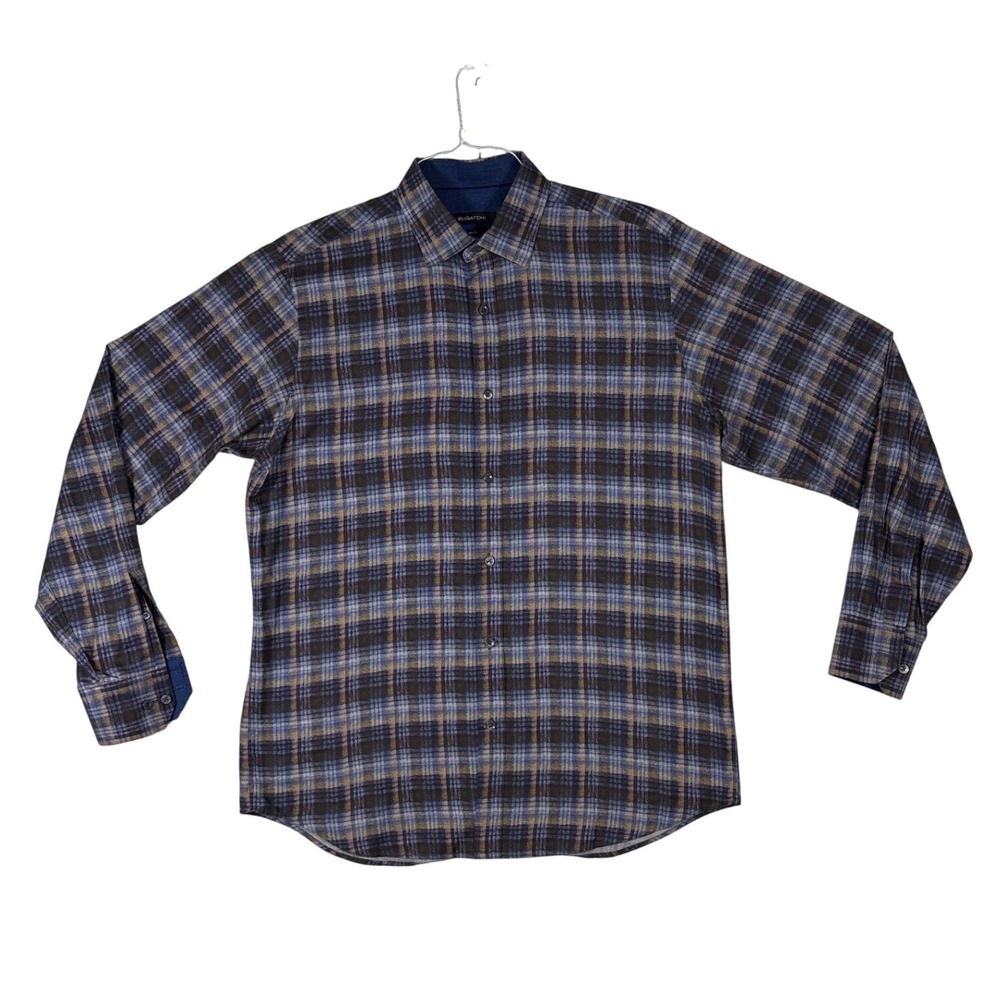 Bugatchi Mens Classic Fit Plaid Button Down Shirt Blue Grey Cotton GS3344L5